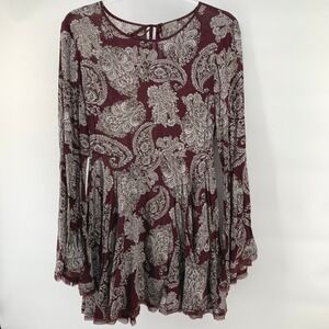 Boho Paisley Bell Sleeve Mini Dress Maroon White Festival Peasant Ecote Size 2
